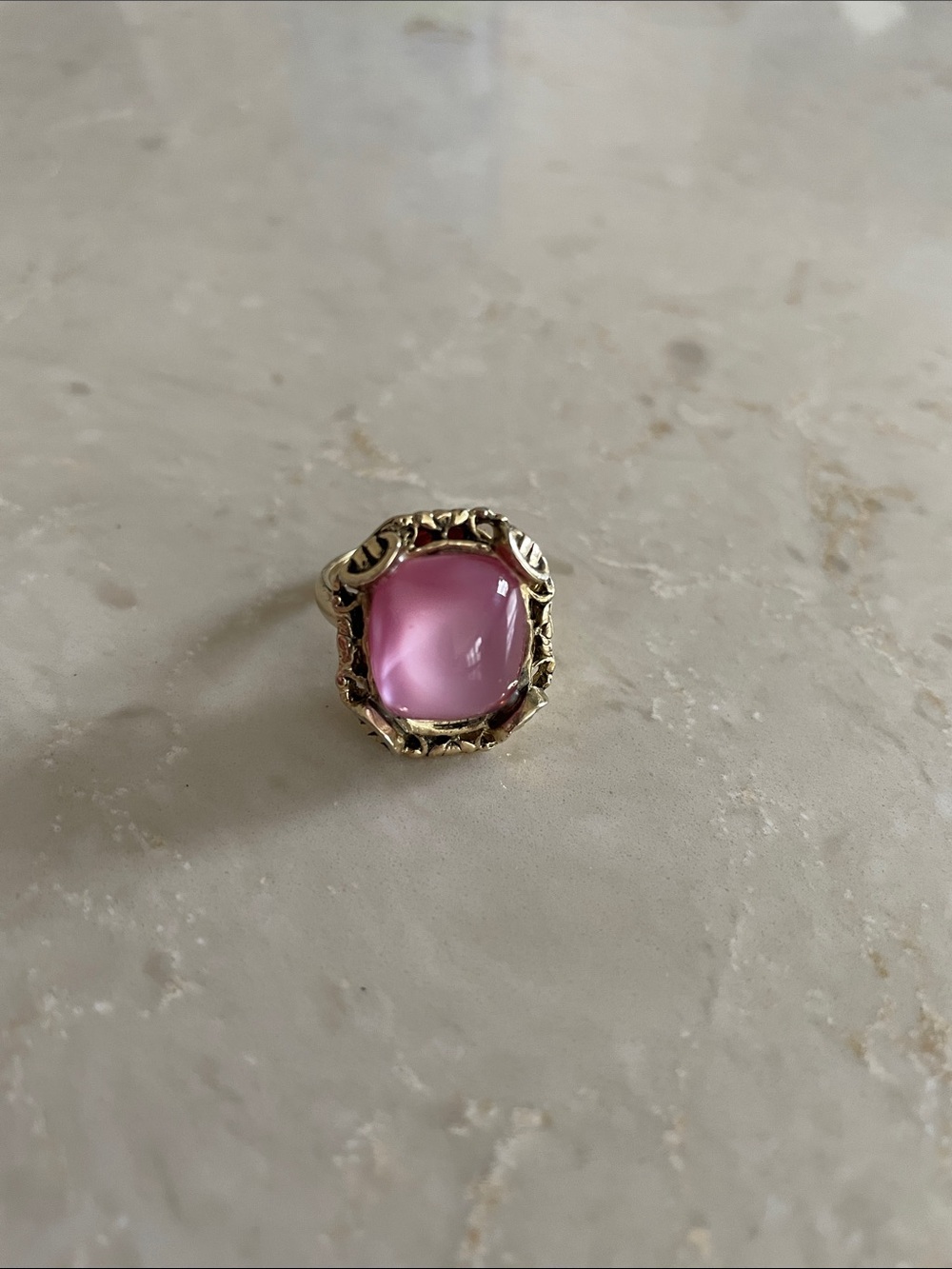 Gold Ring with Pink Cabochon Stone - Elegant Women’s Jewelry